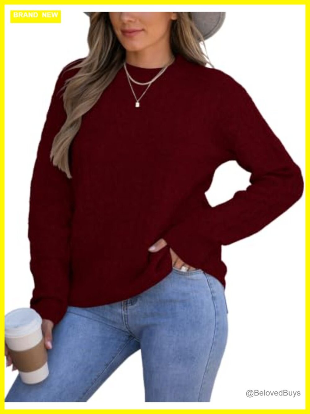 Womens Cable Knit Mockneck Sweater Long Sleeve Chunky Pullover